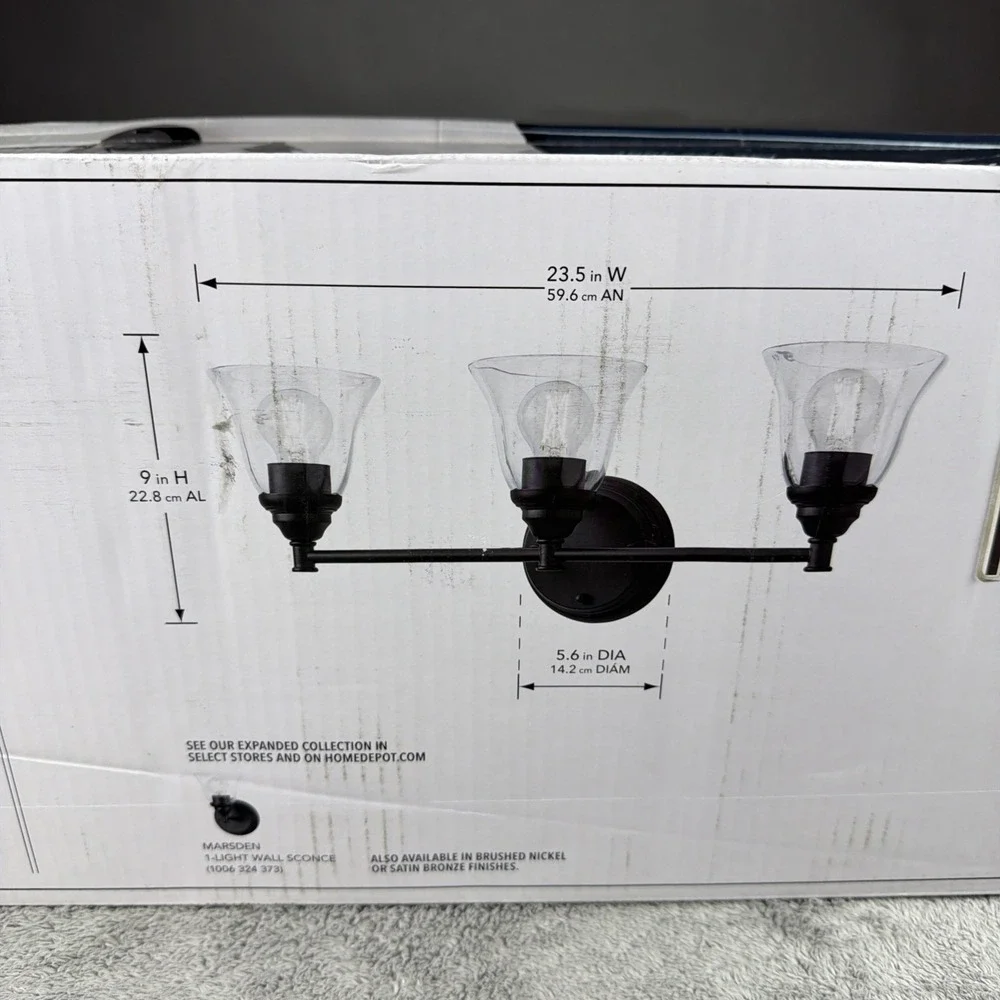 Hampton Bay Marsden 23.5 in. 3-Light Matte Black Vanity w/Clear Glass‎ Shades